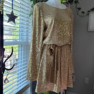 Ramy Brook Helen Cocktail Dress Belted Mini NWT M Gold Sequins Long Sleeve HOT